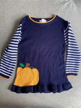 Florence Eiseman Navy Knit Dress with Orange Pumpkin and Striped Sleeves